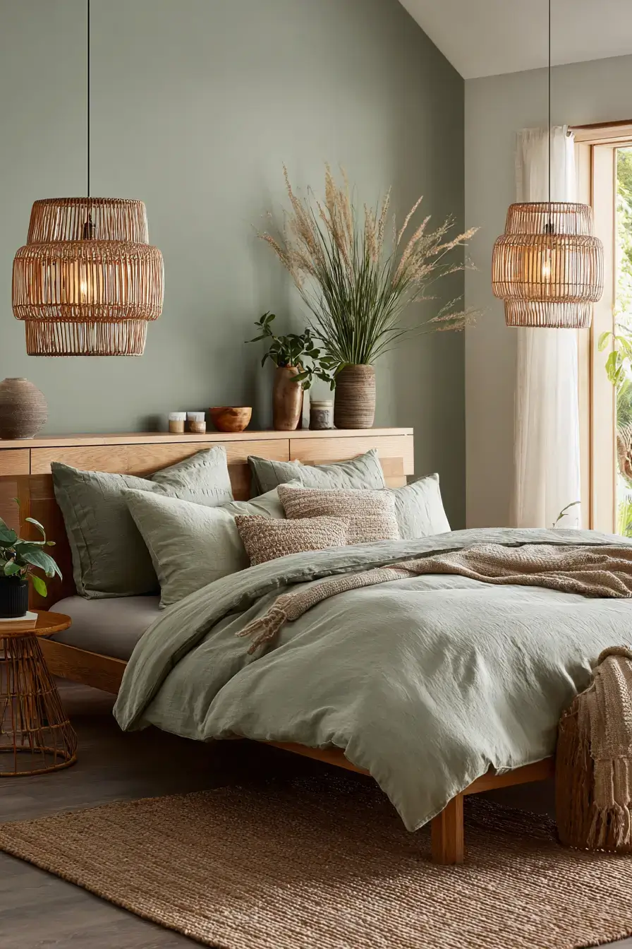 29 Green Boho Bedroom Ideas with Real Plants and Rattan 19