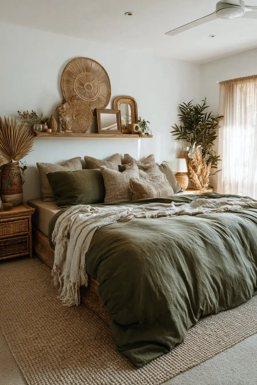 29 Green Boho Bedroom Ideas with Real Plants and Rattan 2