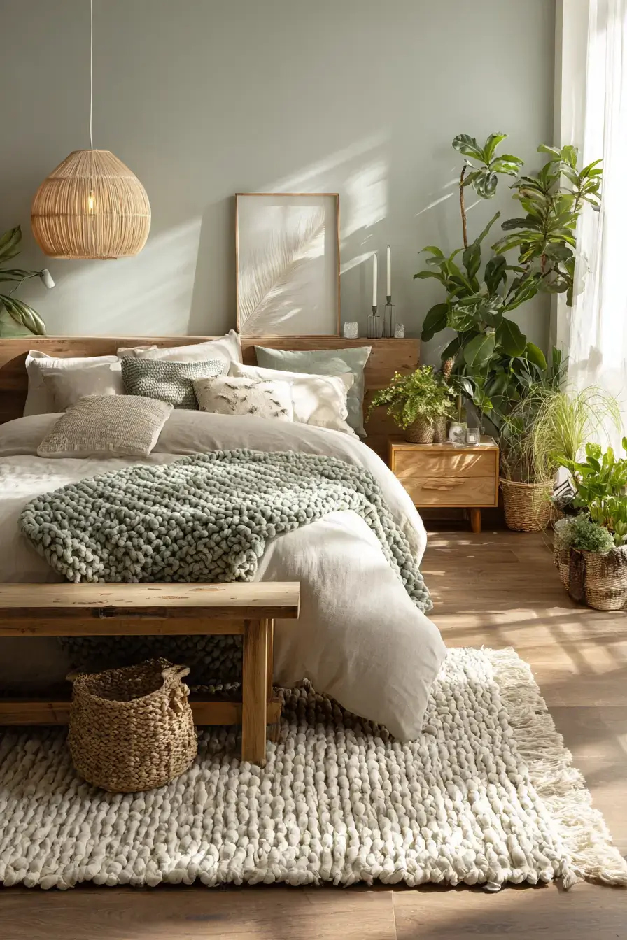 29 Green Boho Bedroom Ideas with Real Plants and Rattan 20