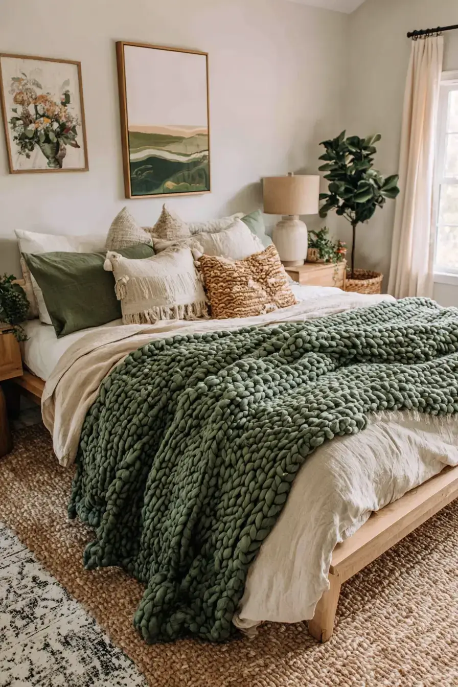 29 Green Boho Bedroom Ideas with Real Plants and Rattan 21