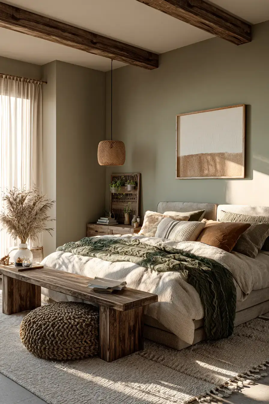 29 Green Boho Bedroom Ideas with Real Plants and Rattan 22