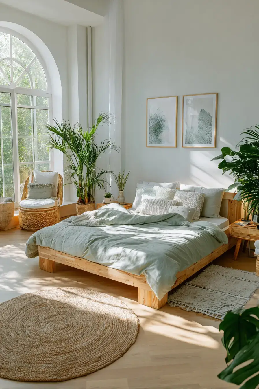 29 Green Boho Bedroom Ideas with Real Plants and Rattan 23