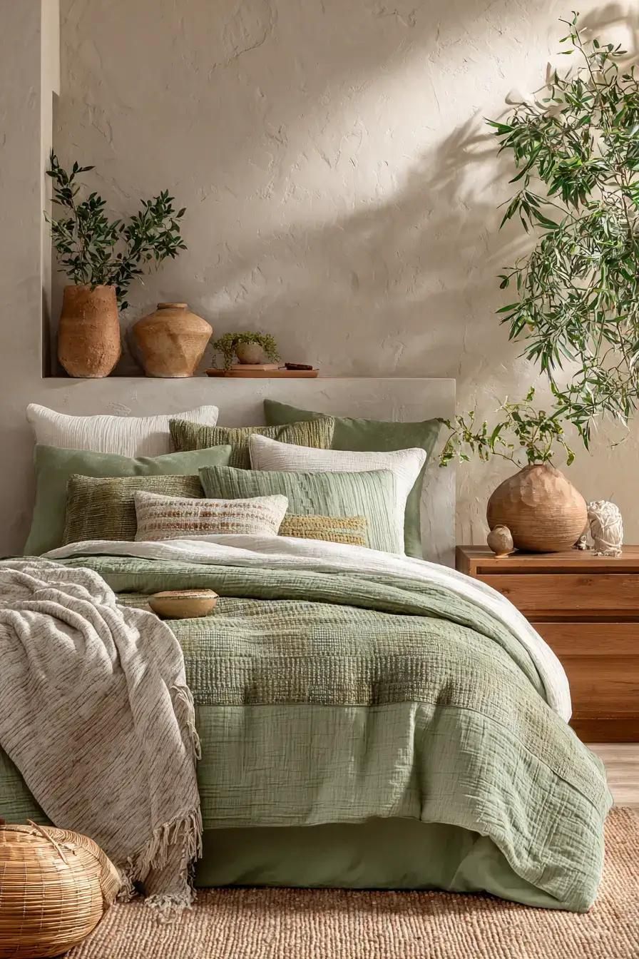 29 Green Boho Bedroom Ideas with Real Plants and Rattan 24
