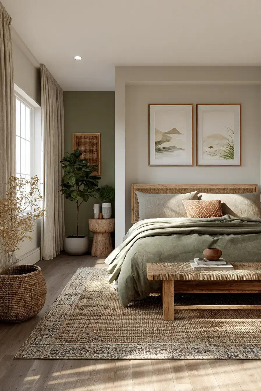 29 Green Boho Bedroom Ideas with Real Plants and Rattan 25