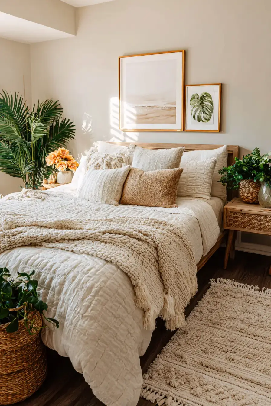 29 Green Boho Bedroom Ideas with Real Plants and Rattan 26