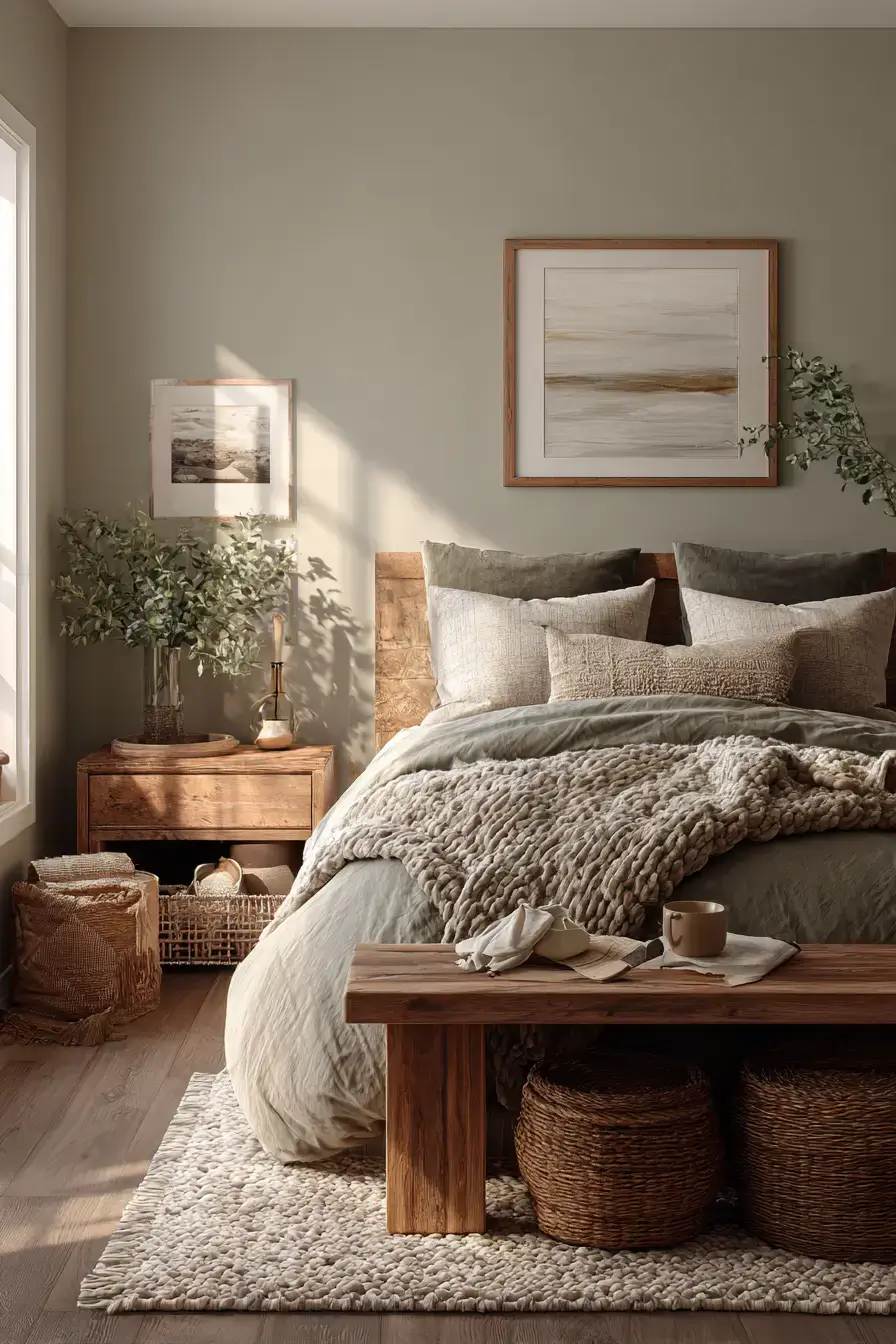 29 Green Boho Bedroom Ideas with Real Plants and Rattan 27