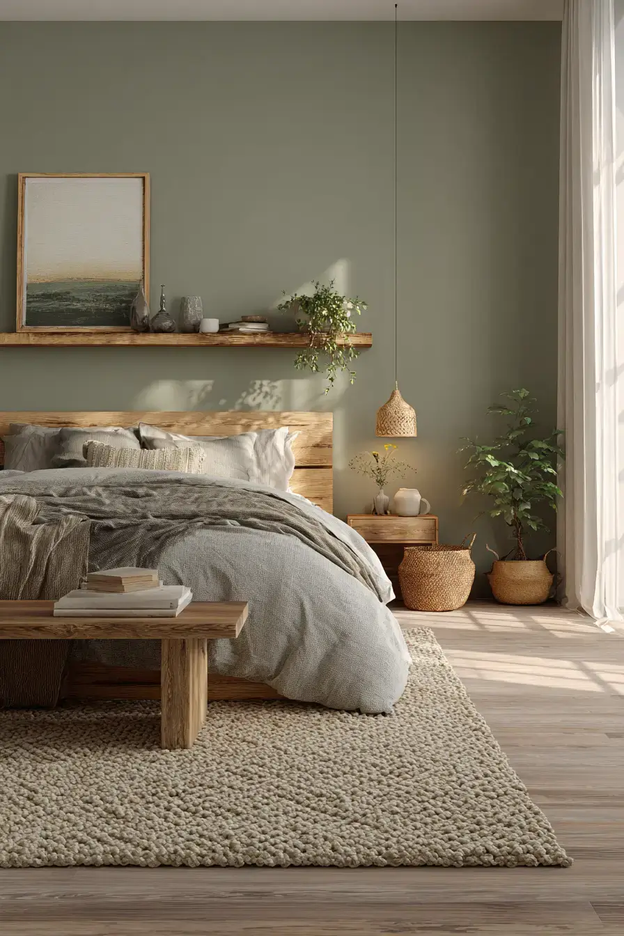 29 Green Boho Bedroom Ideas with Real Plants and Rattan 5
