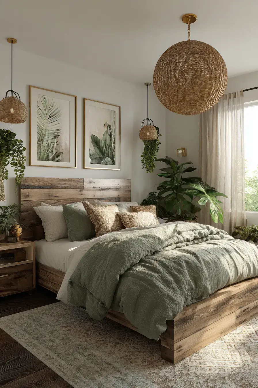 29 Green Boho Bedroom Ideas with Real Plants and Rattan 8