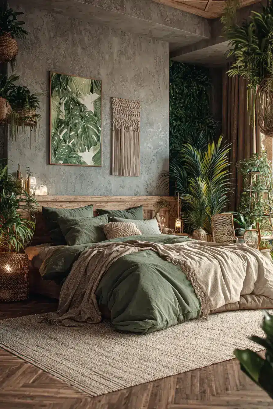 29 Green Boho Bedroom Ideas with Real Plants and Rattan 9