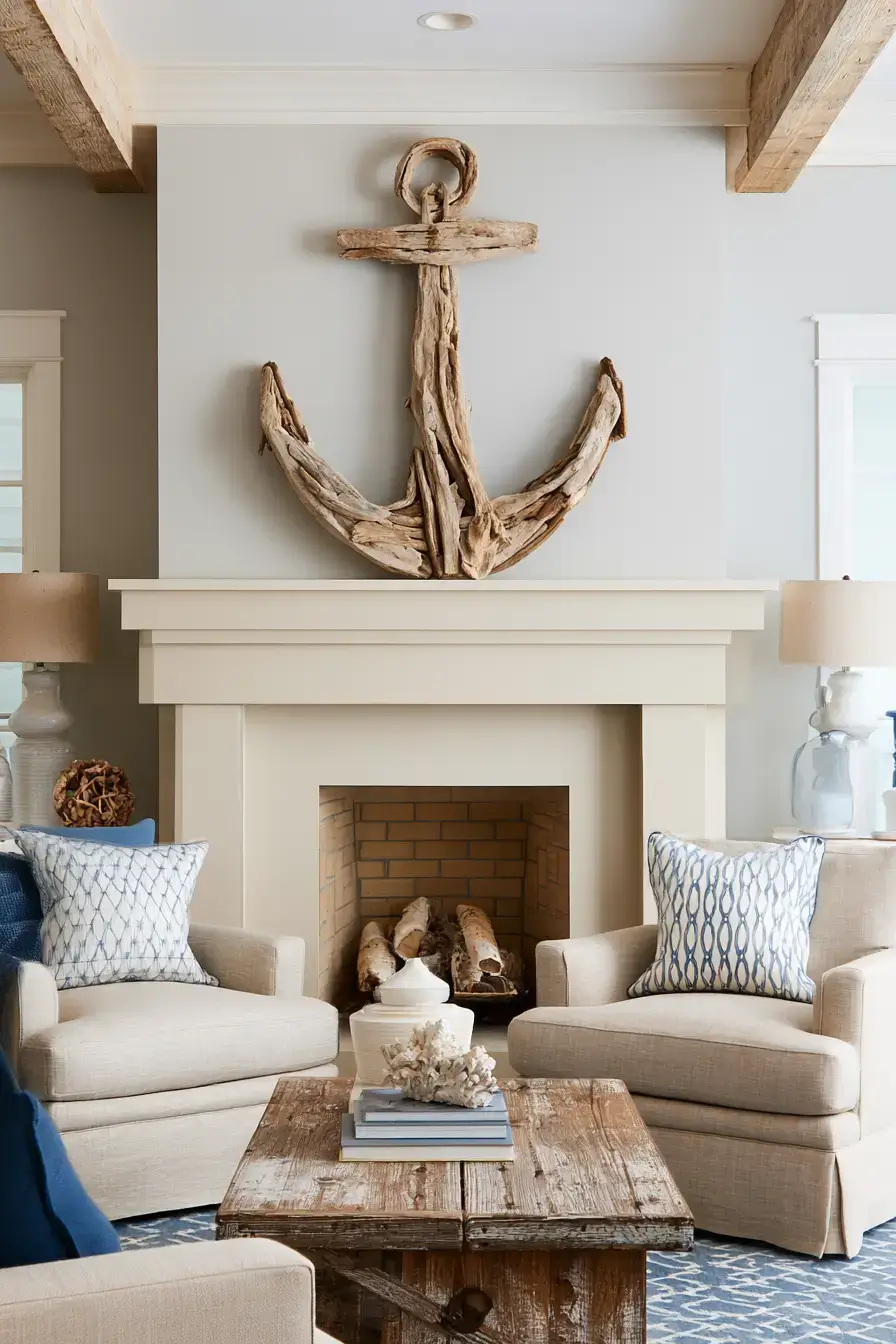 29 Rustic Nautical Decor Ideas with a Rope-Wrapped Mantel Beam 2