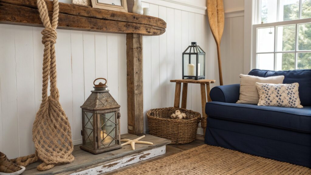 29 Rustic Nautical Decor Ideas with a Rope-Wrapped Mantel Beam 30 rustic nautical decor